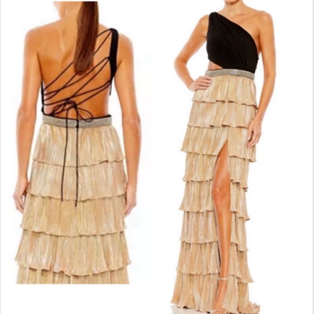 Mac Duggal NWT One-Shoulder Cutout Ruffle Tiered Gown Black/Gold Size 8